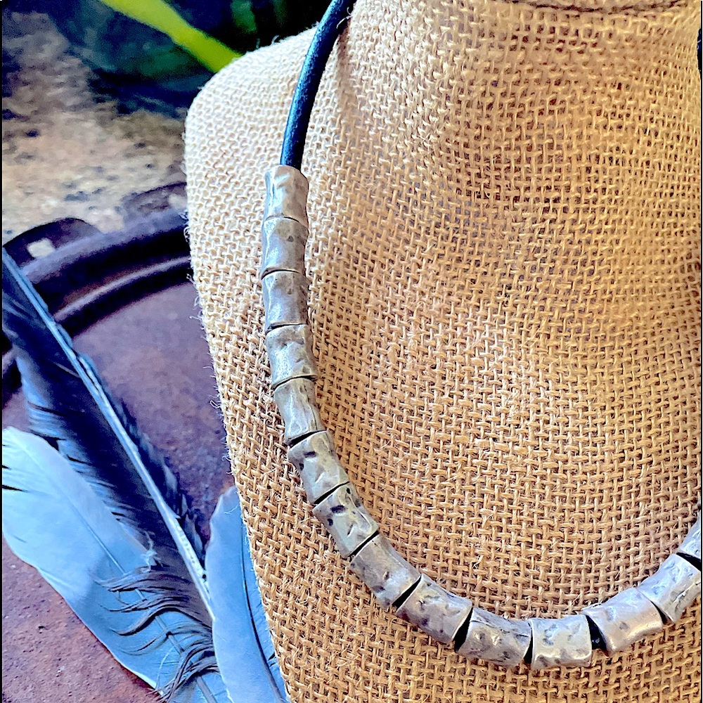 Antiqued Silver Hammered Bead on Thick Leather Rope Bohemian Modern Necklace - Picture 7 of 7